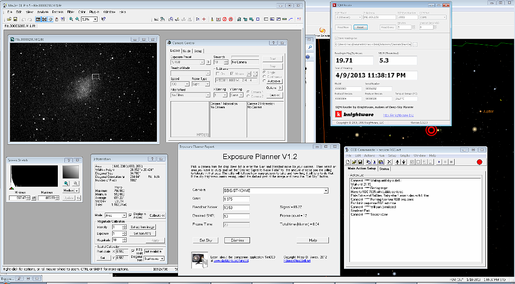 05 Remote Desktop, showing all apps.png - Although I am working on my laptop indoors, I can use all of these programs as if I were working on the observatory computer.  Remote Desktop makes this possible.